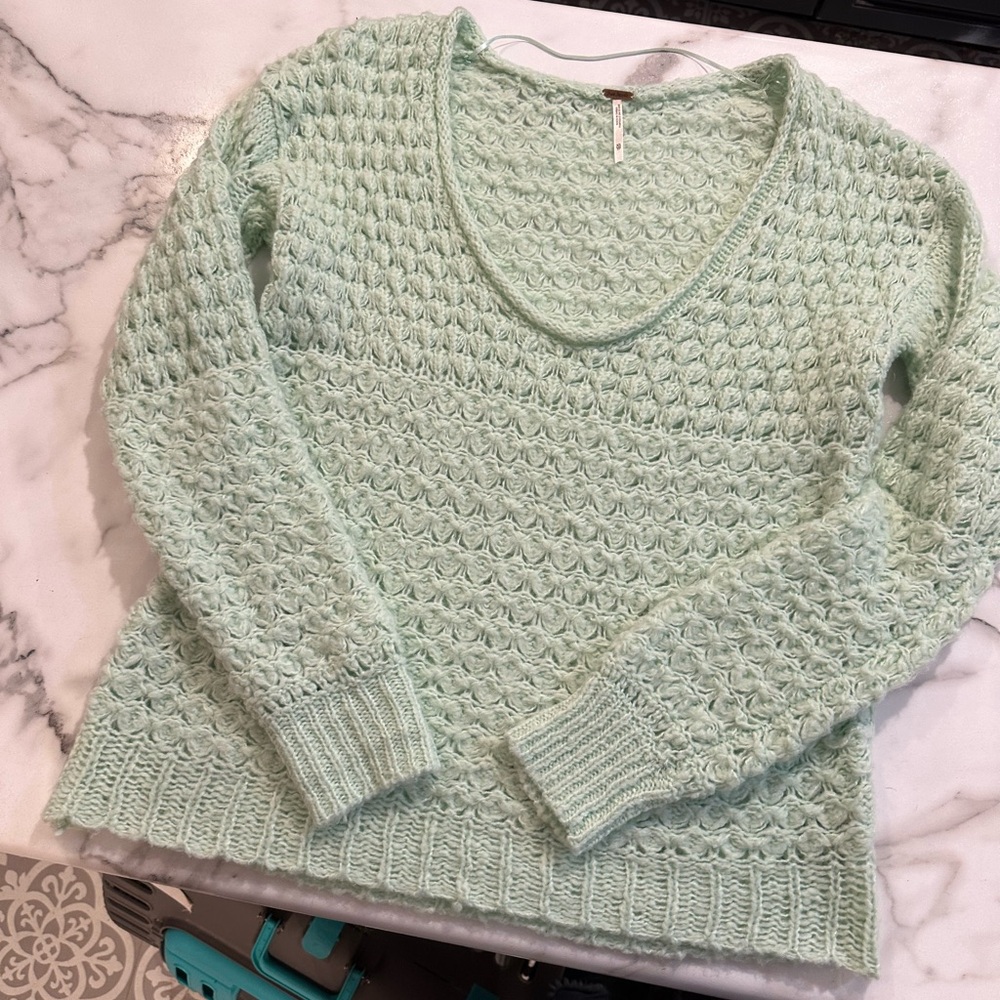 Free People Green V-Neck Sweater with Textured Knit - Picture 1 of 4